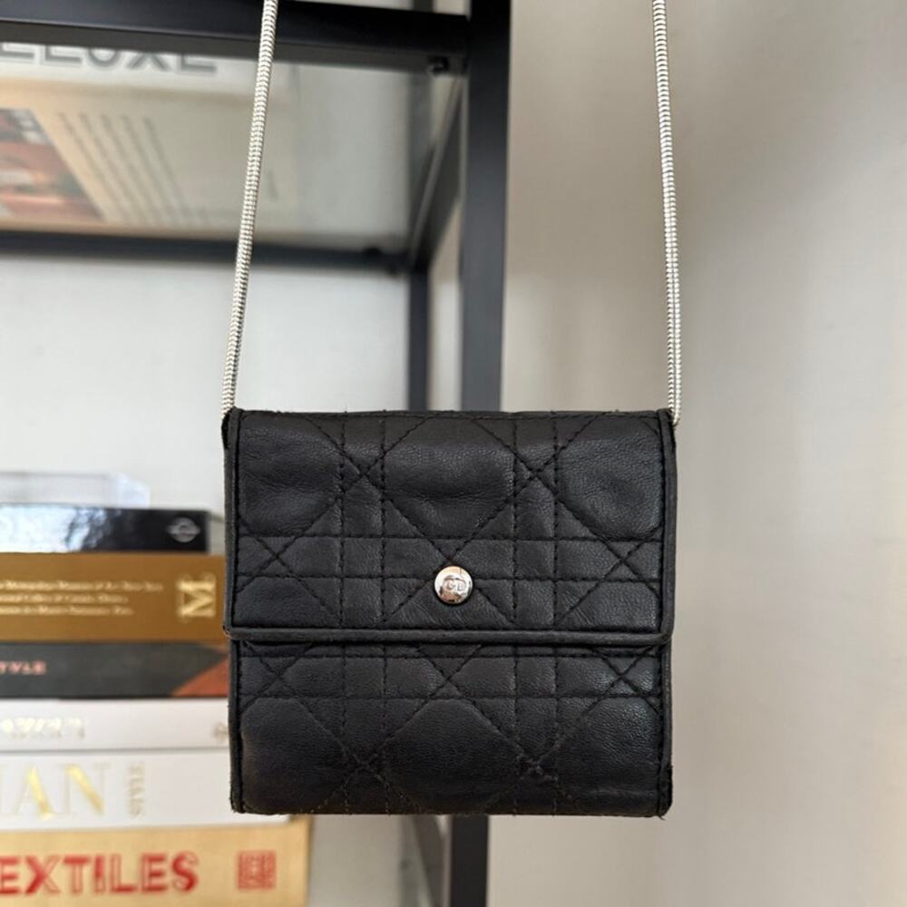 CHRISTIAN DIOR Cannage Wallet & silver Logo Charm Black Leather FREE CHAIN - Picture 4 of 15